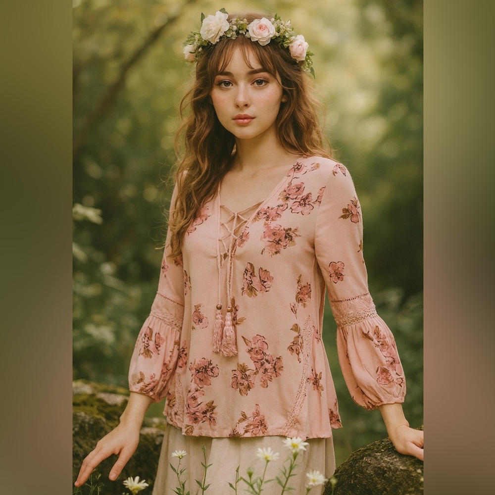 Skylar + Jade Pink Floral Small Tie Neck Boho Top Size Small Fairy Feminine